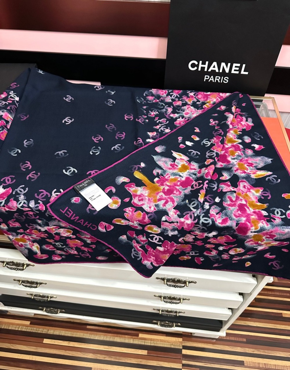 Chanel Watercolor Flower Print Large Square Scarf Navy Multi‑Color - Picture 3 of 8